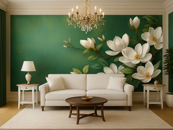 Amenajare cu tapet personalizat White Magnolia de la Royal Deco , elegant, rafinat, pe un fundal verde inchis creaza un efect vizual extraordinar