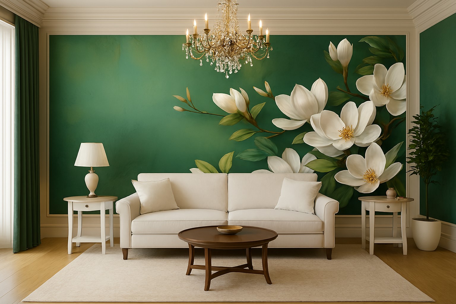Amenajare cu tapet personalizat White Magnolia de la Royal Deco , elegant, rafinat, pe un fundal verde inchis creaza un efect vizual extraordinar