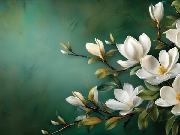 Tapet White Magnolia, personalizat cu ramură de magnolie albă pe fundal verde, flori înflorite și boboci, frunze în nuanțe naturale