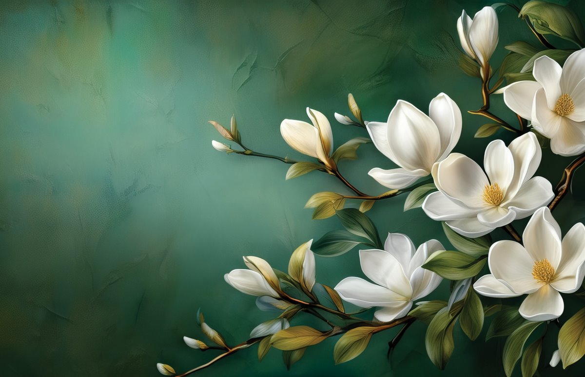 Tapet White Magnolia, personalizat cu ramură de magnolie albă pe fundal verde, flori înflorite și boboci, frunze în nuanțe naturale