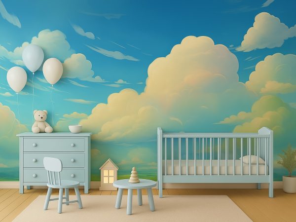 Tapet cu cer albastru și nori pufoși deasupra unui peisaj verde cu dealuri și câmpuri, o amenajare de basm