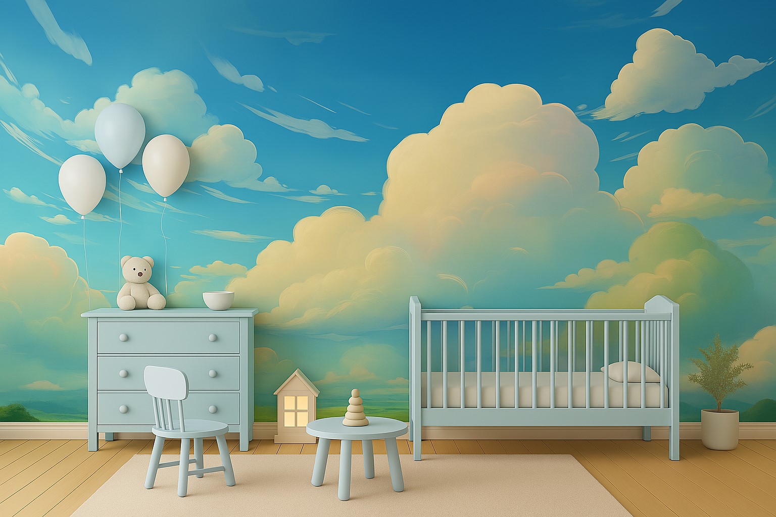 Tapet cu cer albastru și nori pufoși deasupra unui peisaj verde cu dealuri și câmpuri, o amenajare de basm