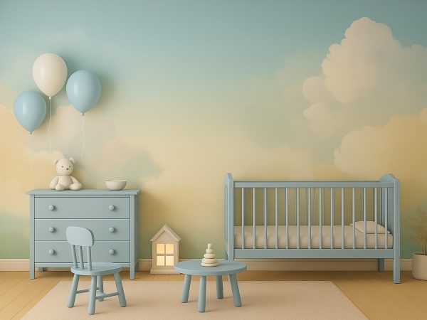 Amenajare cu tapet personalizat in culori pastel, cu cer senin si nuante calde de galben