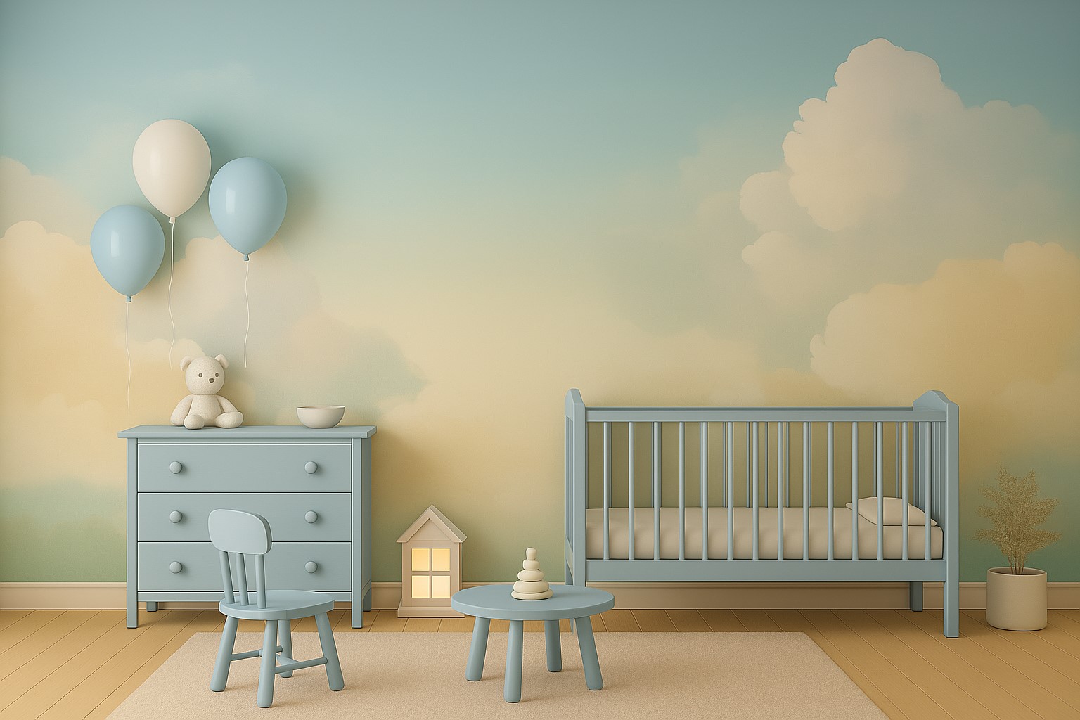 Amenajare cu tapet personalizat in culori pastel, cu cer senin si nuante calde de galben