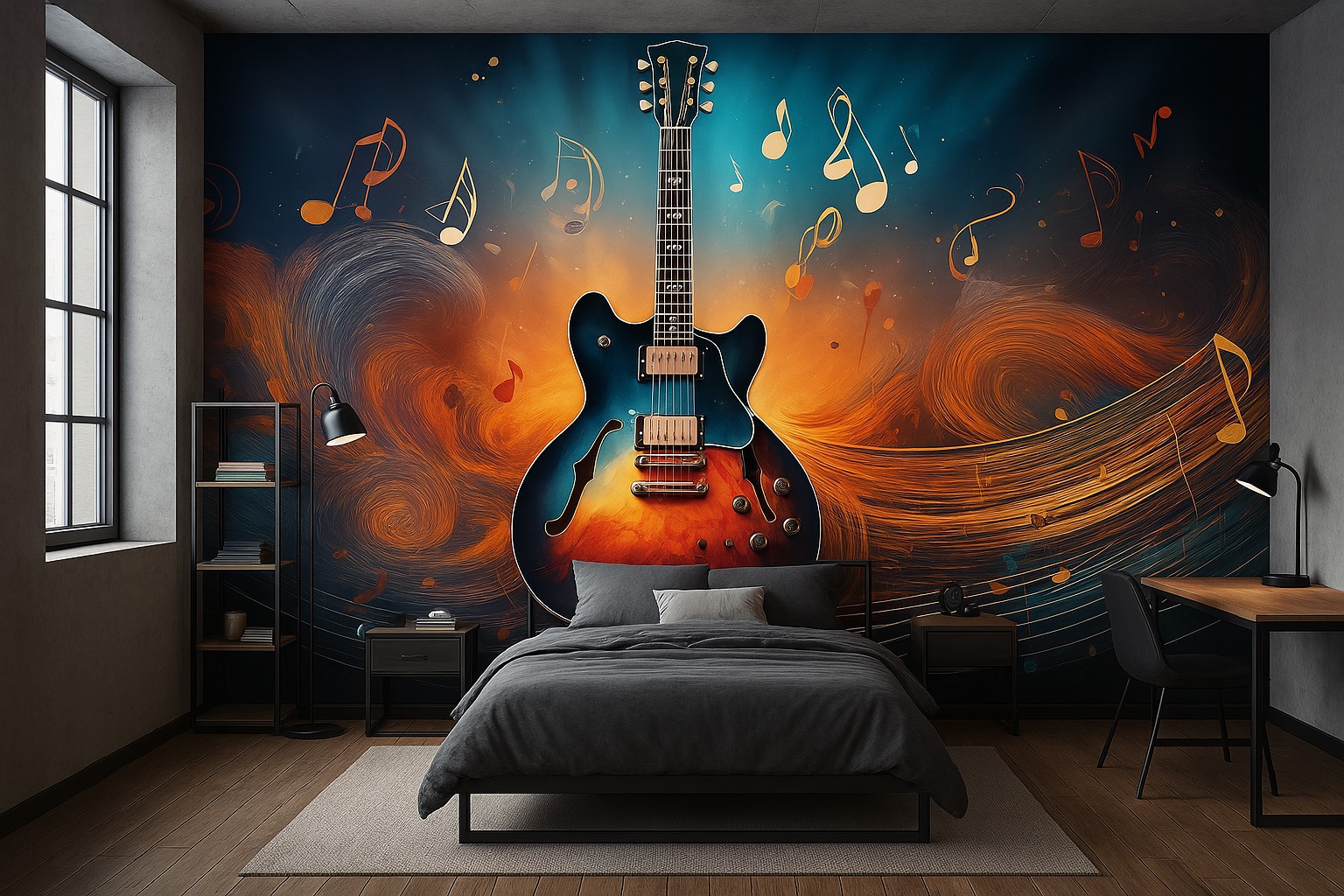 Amenajare camera de tineret cu tapet Rock’n’Wall