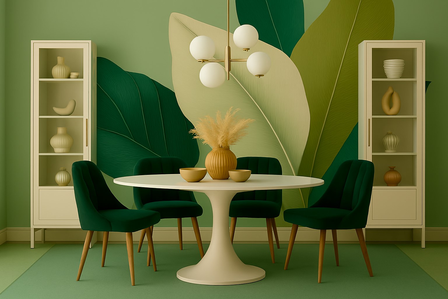 Amenajare dinning cu Amenajare living cu tapet frunze-verde-crem-alb