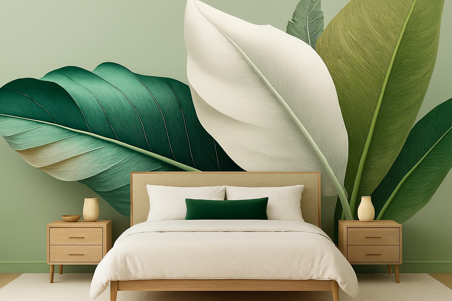 Amenajare dormitor cu tapet frunze-verde-crem-alb