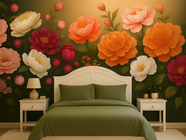 Design interior cu tapet personalizat floral, bujori roz, portocalii, visinii, albi pe un fundal radiant