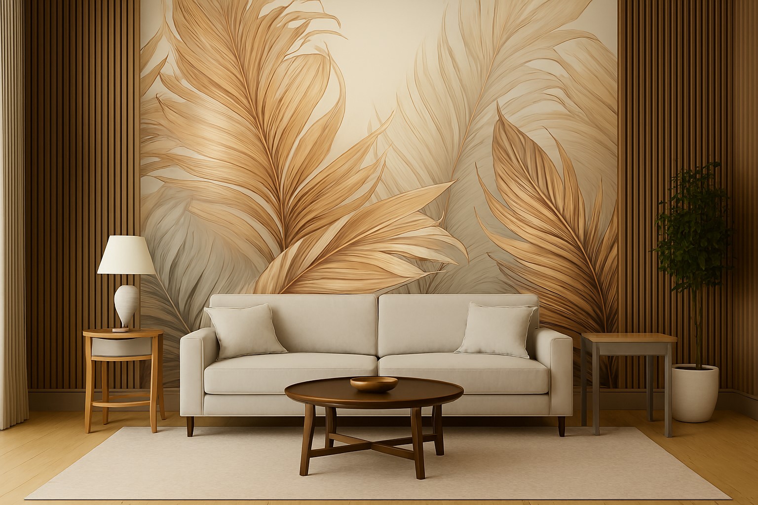 Amenajare living cu tapet Palm leaf in culori calde, amenajare eleganta, design contemporan