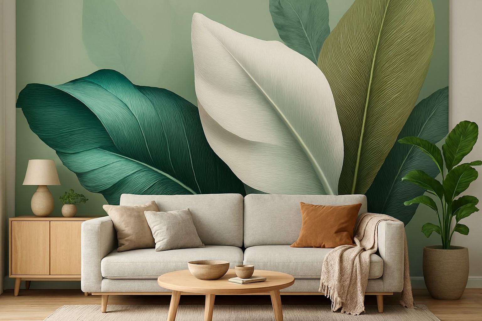 Amenajare living cu tapet frunze-verde-crem-alb