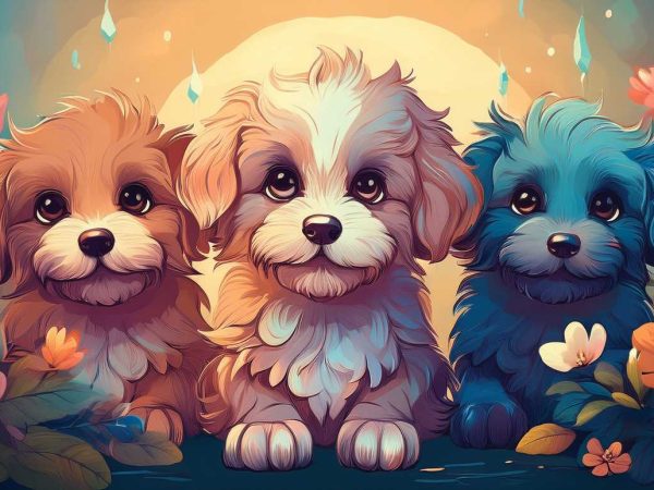 Tapet personalizat camera copii puppies cu cățeluși adorabili, fundal floral și lumină caldă, ideal pentru decorarea camerei copilului