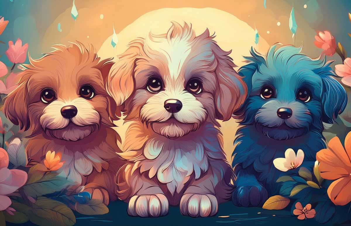 Tapet personalizat camera copii puppies cu cățeluși adorabili, fundal floral și lumină caldă, ideal pentru decorarea camerei copilului