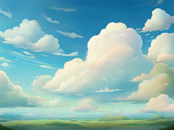 Tapet Fluffy clouds cu cer albastru și nori pufoși deasupra unui peisaj verde cu dealuri și câmpuri