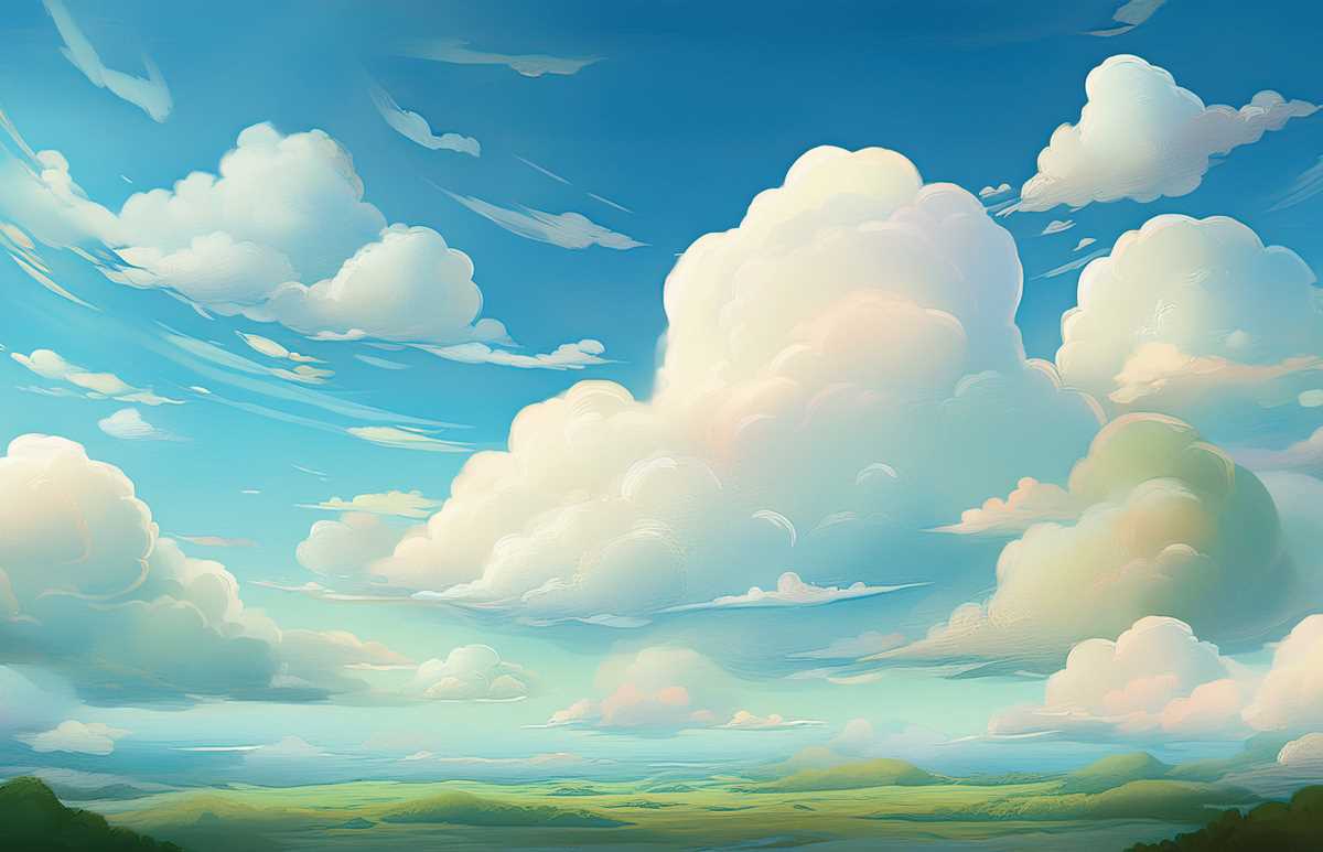 Tapet Fluffy clouds cu cer albastru și nori pufoși deasupra unui peisaj verde cu dealuri și câmpuri