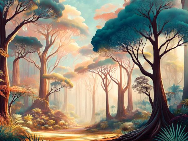 tapet personalizat pentru camera copilului cu pădure fantastică, copaci înalți și lumină difuză printre frunziș colorat