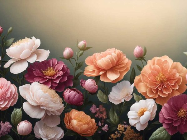 tapet personalizat floral, bujori roz, portocalii, visinii pe fundal kaki radiant pentru decor romantic, modern, dormitor, living, hol