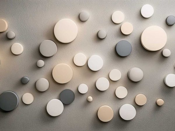 Tapet Cercuri Jucăușe Royal Deco cu cercuri bej, gri și albe pe fundal texturat, în stil abstract și modern