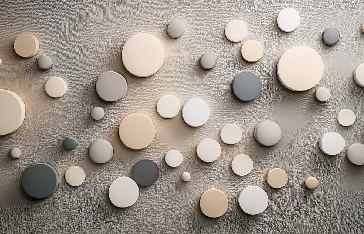 Tapet Cercuri Jucăușe Royal Deco cu cercuri bej, gri și albe pe fundal texturat, în stil abstract și modern