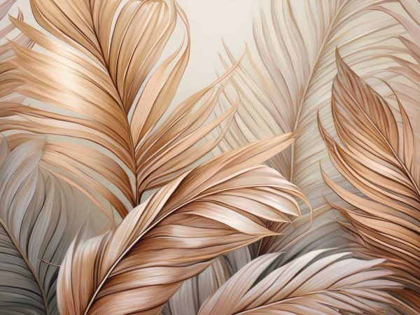 Tapet Palm leaf Royal Deco cu frunze mari de palmier în nuanțe de maro, bej și gri, cu textură fluidă și design stratificat