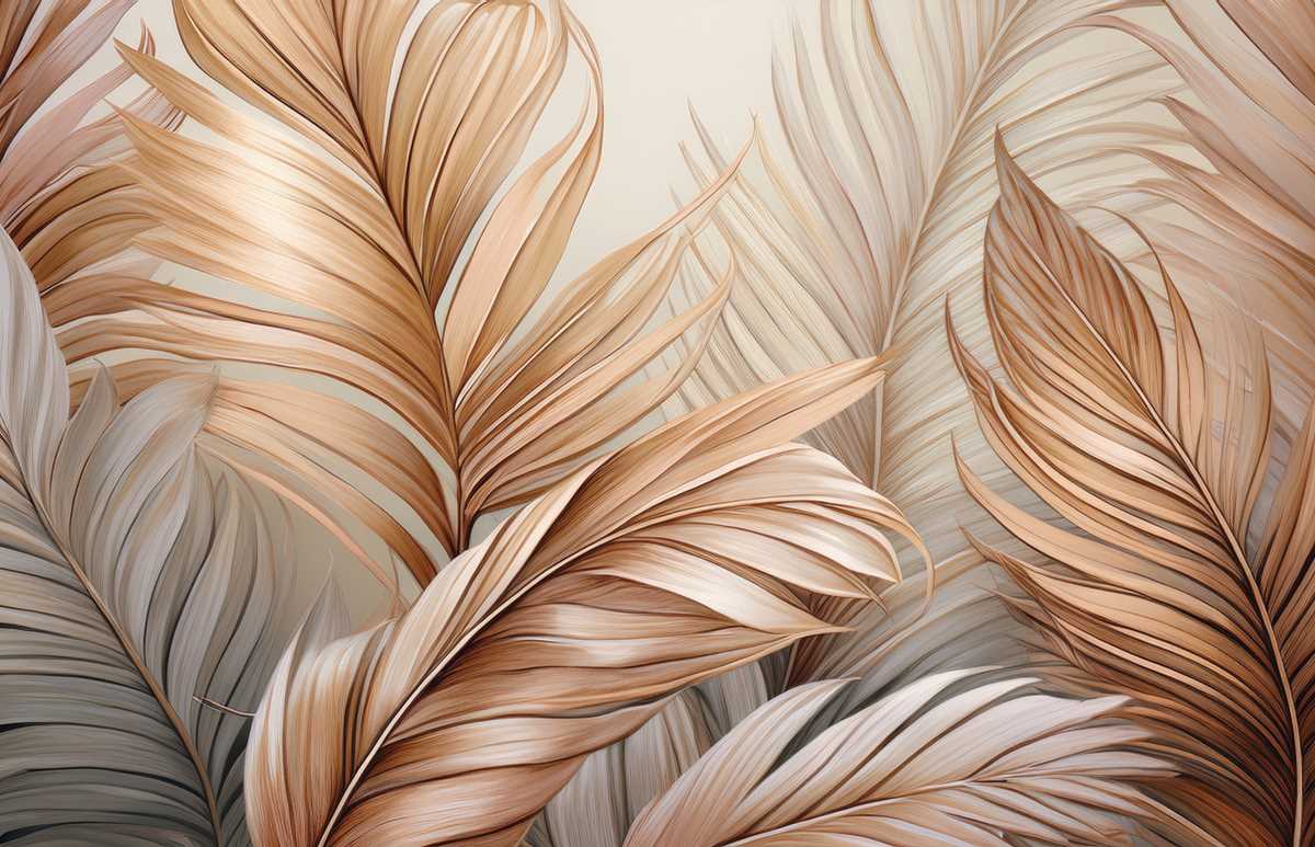 Tapet Palm leaf Royal Deco cu frunze mari de palmier în nuanțe de maro, bej și gri, cu textură fluidă și design stratificat