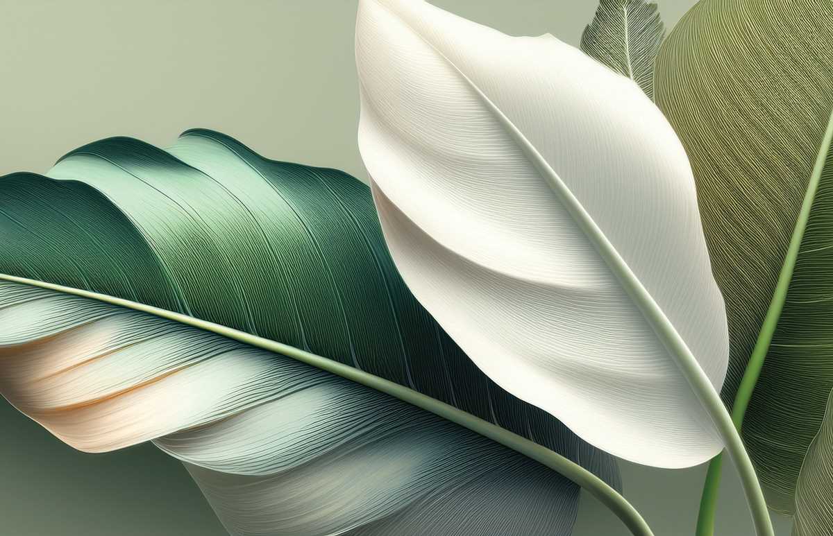 Tapet frunze-verde-crem-alb pentru o amenajare rafinată.