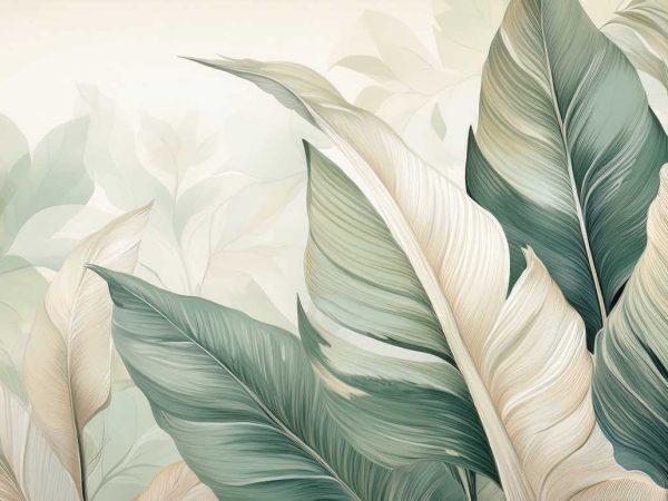 Tapet frunze elegante verde-crem pentru amenajari rafinate