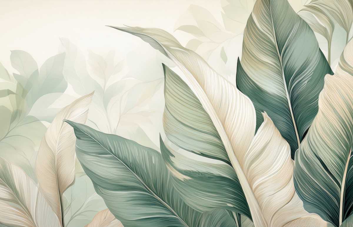 Tapet frunze elegante verde-crem pentru amenajari rafinate
