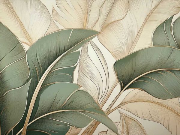 Ilustrație artistică cu frunze tropicale mari, în tonuri de verde și bej, stil minimalist elegant