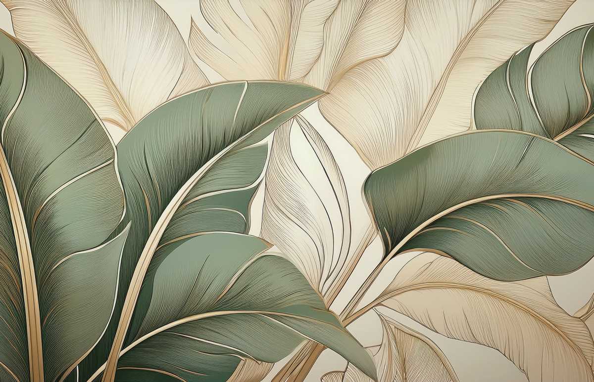 Ilustrație artistică cu frunze tropicale mari, în tonuri de verde și bej, stil minimalist elegant