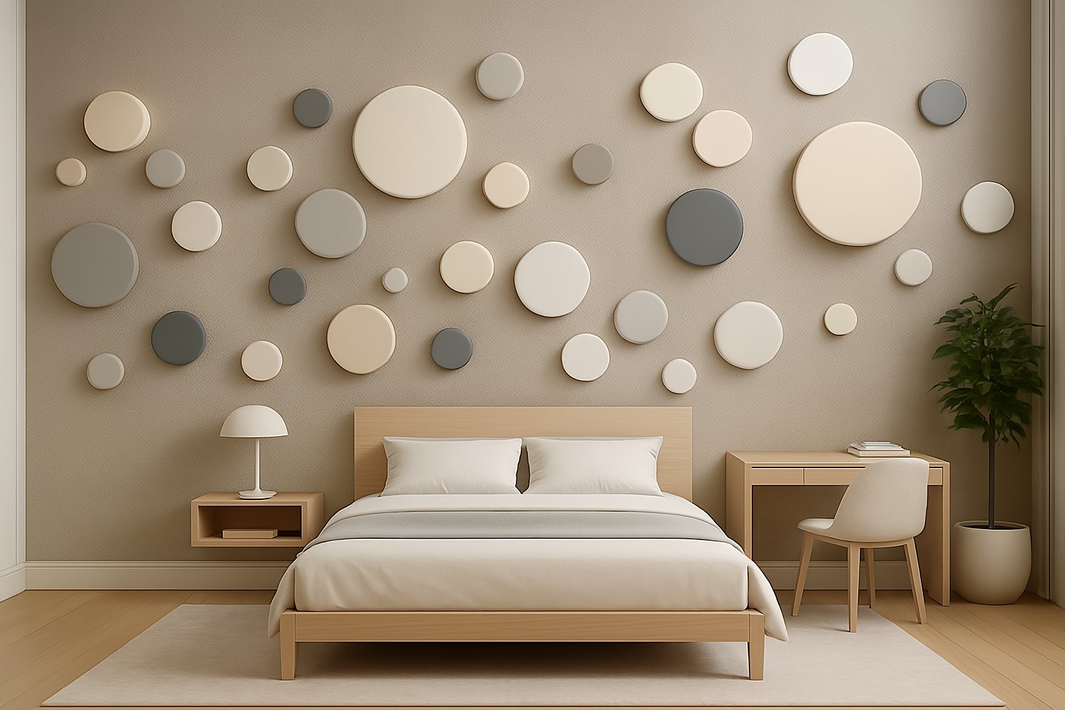 Tapet personalizat cercuri jucause, tapet camere ineret, amenajare moderna, tapet crem cu cercuri