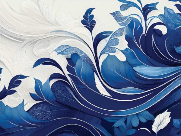 Tapet-acuarela-albastru-2 frunze stilizate în nuanțe de albastru și alb, într-o compoziție abstractă cu texturi fine și mișcare fluidă.