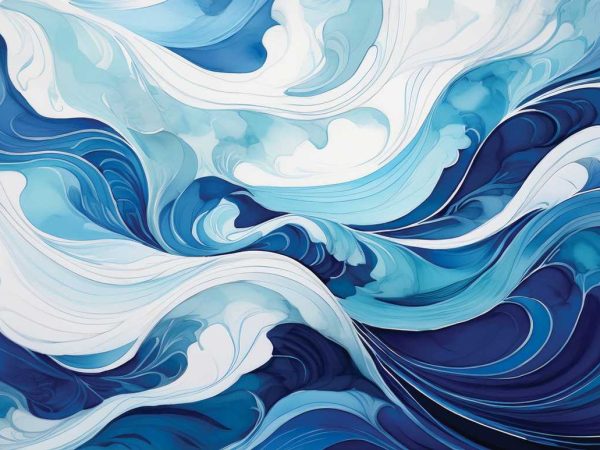 Tapet acuarela albastru o compoziție abstractă în acuarelă, cu valuri fluide în nuanțe de albastru, alb și turcoaz, ce evocă mișcarea apei