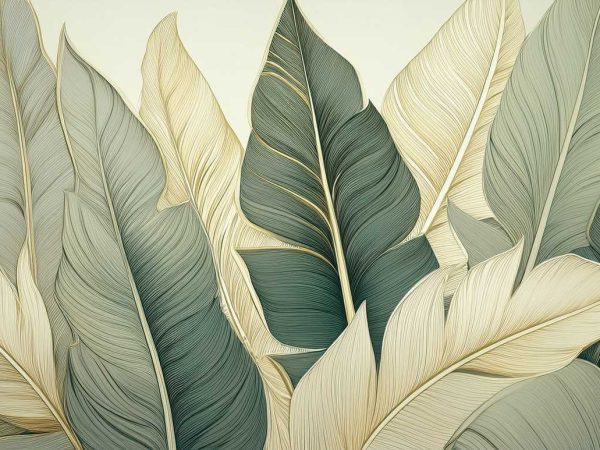 Tapet artistic cu frunze tropicale stilizate în nuanțe de verde, crem și bej, dispuse simetric pe fundal deschis, cu detalii fine și texturi elegante.
