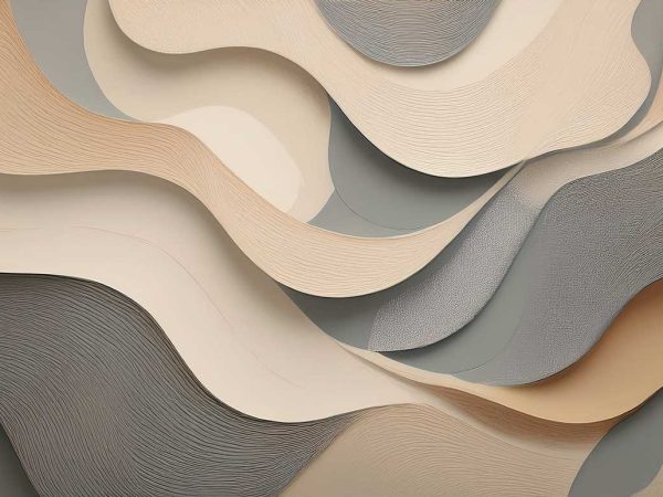 Compoziție abstractă cu forme ondulate stratificate în tonuri neutre de crem, gri și bej, cu texturi fine care creează profunzime și fluiditate.
