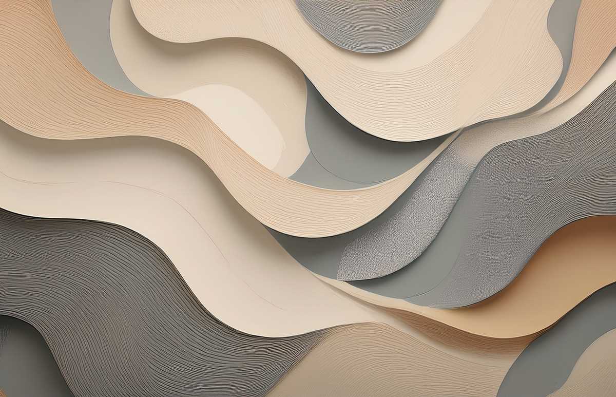 Compoziție abstractă cu forme ondulate stratificate în tonuri neutre de crem, gri și bej, cu texturi fine care creează profunzime și fluiditate.