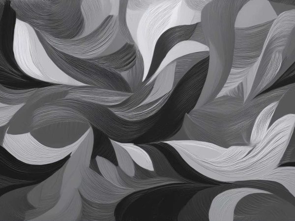 Forme abstracte stratificate în tonuri de gri, cu texturi fine și linii ondulate care creează profunzime și mișcare