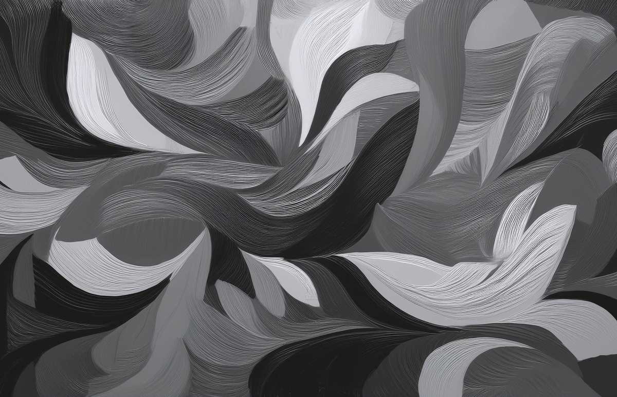 Forme abstracte stratificate în tonuri de gri, cu texturi fine și linii ondulate care creează profunzime și mișcare