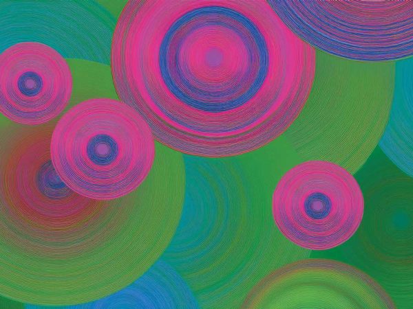 Tapet cu cercuri in culori aprinse de magenta, verde mar si albastru rece