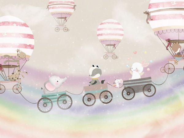 Tapet hot air balloons and animals roz pentru camera copiilor cu animale drăgălașe în vagoane și baloane cu aer cald, în nuanțe pastel, stil ilustrat, design premium personalizat