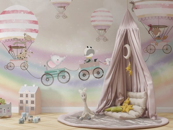 tapet hot air balloons and animals roz amenajare camera copii
